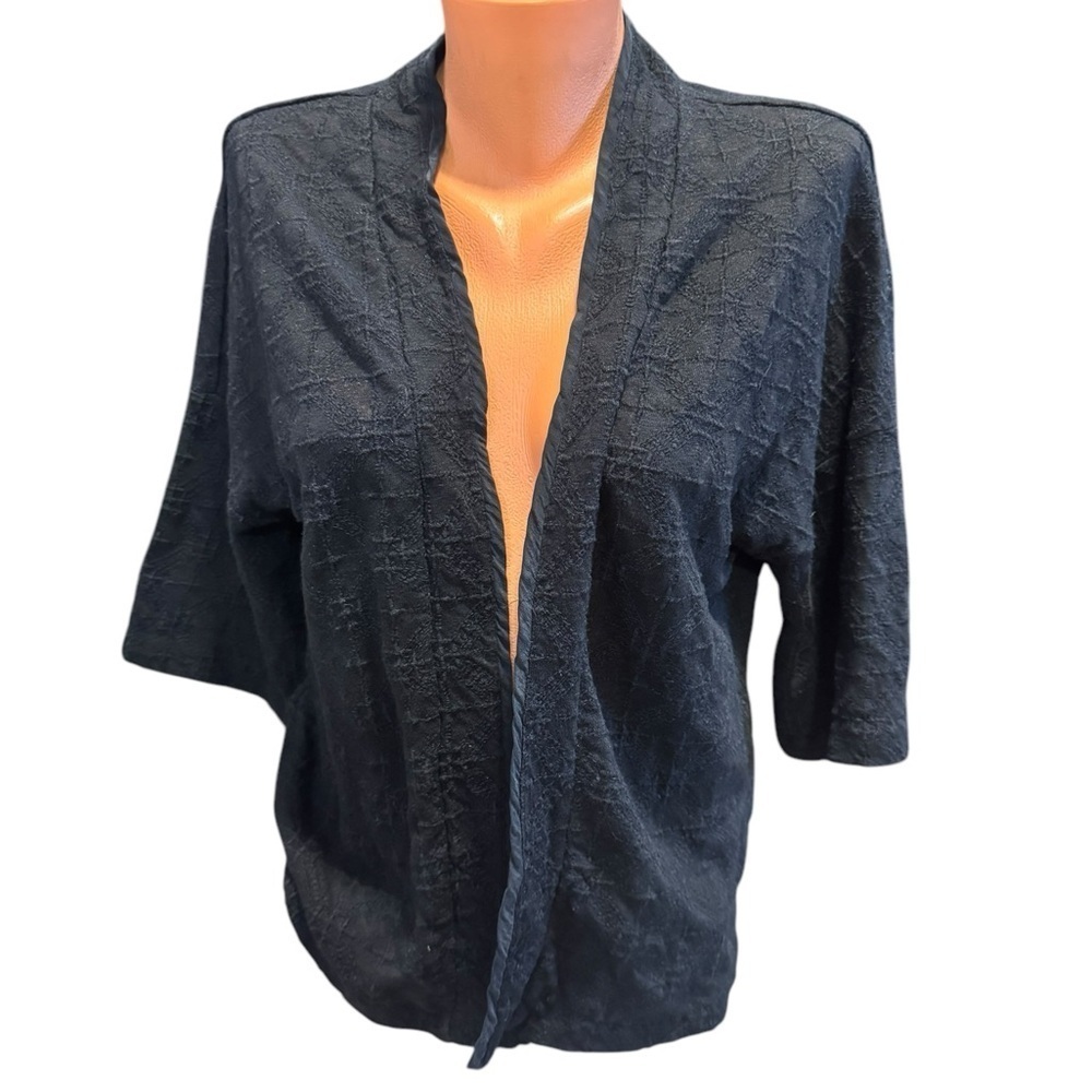 Jigsaw Women's Linen Silk Open Front Embroidered Cardigan Shrug Size Large Black